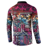 Pacific Hibiscus Tapa Tribal Vintage Button Sweatshirt Pink Motif