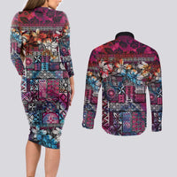 Pacific Hibiscus Tapa Tribal Vintage Couples Matching Long Sleeve Bodycon Dress and Long Sleeve Button Shirt Pink Motif
