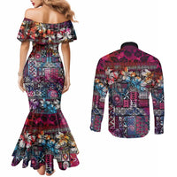 Pacific Hibiscus Tapa Tribal Vintage Couples Matching Mermaid Dress and Long Sleeve Button Shirt Pink Motif