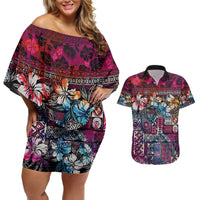 Pacific Hibiscus Tapa Tribal Vintage Couples Matching Off Shoulder Short Dress and Hawaiian Shirt Pink Motif
