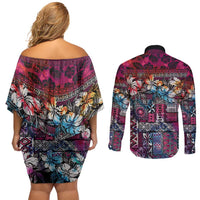 Pacific Hibiscus Tapa Tribal Vintage Couples Matching Off Shoulder Short Dress and Long Sleeve Button Shirt Pink Motif