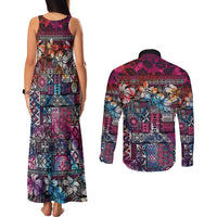 Pacific Hibiscus Tapa Tribal Vintage Couples Matching Tank Maxi Dress and Long Sleeve Button Shirt Pink Motif
