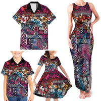 Pacific Hibiscus Tapa Tribal Vintage Family Matching Tank Maxi Dress and Hawaiian Shirt Pink Motif