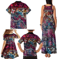 Pacific Hibiscus Tapa Tribal Vintage Family Matching Tank Maxi Dress and Hawaiian Shirt Pink Motif