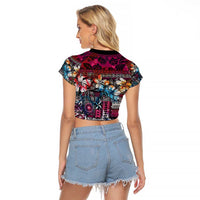 Pacific Hibiscus Tapa Tribal Vintage Raglan Cropped T Shirt Pink Motif