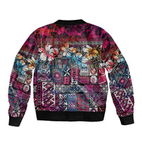 Pacific Hibiscus Tapa Tribal Vintage Sleeve Zip Bomber Jacket Pink Motif