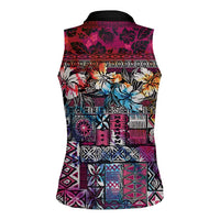 Pacific Hibiscus Tapa Tribal Vintage Women Sleeveless Polo Shirt Pink Motif