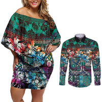 Pacific Hibiscus Tapa Tribal Vintage Couples Matching Off Shoulder Short Dress and Long Sleeve Button Shirt Turquoise Motif