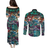 Pacific Hibiscus Tapa Tribal Vintage Couples Matching Puletasi and Long Sleeve Button Shirt Turquoise Motif
