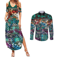 Pacific Hibiscus Tapa Tribal Vintage Couples Matching Summer Maxi Dress and Long Sleeve Button Shirt Turquoise Motif