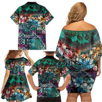 Pacific Hibiscus Tapa Tribal Vintage Family Matching Off Shoulder Short Dress and Hawaiian Shirt Turquoise Motif