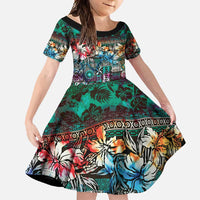 Pacific Hibiscus Tapa Tribal Vintage Family Matching Tank Maxi Dress and Hawaiian Shirt Turquoise Motif