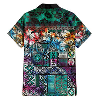 Pacific Hibiscus Tapa Tribal Vintage Family Matching Tank Maxi Dress and Hawaiian Shirt Turquoise Motif