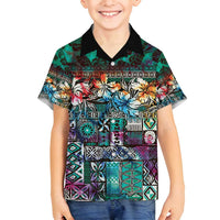 Pacific Hibiscus Tapa Tribal Vintage Family Matching Tank Maxi Dress and Hawaiian Shirt Turquoise Motif