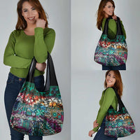 Pacific Hibiscus Tapa Tribal Vintage Grocery Bag Turquoise Motif