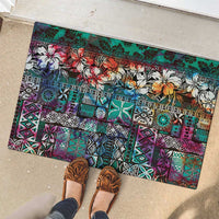 Pacific Hibiscus Tapa Tribal Vintage Rubber Doormat Turquoise Motif