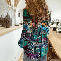 Pacific Hibiscus Tapa Tribal Vintage Women Casual Shirt Turquoise Motif