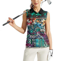 Pacific Hibiscus Tapa Tribal Vintage Women Sleeveless Polo Shirt Turquoise Motif