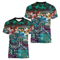 Pacific Hibiscus Tapa Tribal Vintage Women V-Neck T-Shirt Turquoise Motif