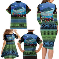 Personalised Fiji Viti Levu Family Matching Long Sleeve Bodycon Dress and Hawaiian Shirt Tagimoucia and Tapa Tribal Pattern