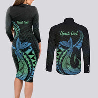 Personalised Hawaii Kure Atoll Couples Matching Long Sleeve Bodycon Dress and Long Sleeve Button Shirt Holaniku Coral Reef with Polynesian Tribal
