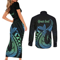 Personalised Hawaii Kure Atoll Couples Matching Short Sleeve Bodycon Dress and Long Sleeve Button Shirt Holaniku Coral Reef with Polynesian Tribal