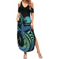 Personalised Hawaii Kure Atoll Family Matching Summer Maxi Dress and Hawaiian Shirt Holaniku Coral Reef with Polynesian Tribal