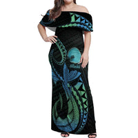 Personalised Hawaii Kure Atoll Off Shoulder Maxi Dress Holaniku Coral Reef with Polynesian Tribal