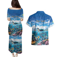 Personalised Palau Kayangel Atoll Couples Matching Puletasi and Hawaiian Shirt Turtle With Coral Reef Under Water