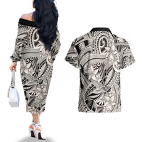 Polynesia Couples Matching Off The Shoulder Long Sleeve Dress and Hawaiian Shirt Tribal Polynesian Spirit With Beige Pacific Flowers LT9 - Polynesian Pride