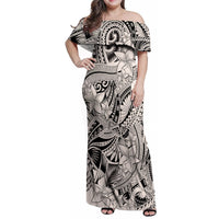 Polynesia Family Matching Off Shoulder Maxi Dress and Hawaiian Shirt Tribal Polynesian Spirit With Beige Pacific Flowers LT9 - Polynesian Pride