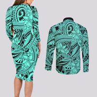 Polynesia Couples Matching Long Sleeve Bodycon Dress and Long Sleeve Button Shirt Tribal Polynesian Spirit With Teal Pacific Flowers LT9 - Polynesian Pride