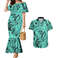 Polynesia Couples Matching Mermaid Dress and Hawaiian Shirt Tribal Polynesian Spirit With Teal Pacific Flowers LT9 Teal - Polynesian Pride
