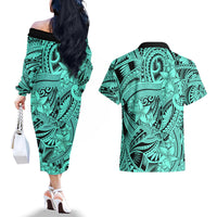 Polynesia Couples Matching Off The Shoulder Long Sleeve Dress and Hawaiian Shirt Tribal Polynesian Spirit With Teal Pacific Flowers LT9 - Polynesian Pride