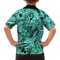 Polynesia Family Matching Short Sleeve Bodycon Dress and Hawaiian Shirt Tribal Polynesian Spirit With Teal Pacific Flowers LT9 - Polynesian Pride