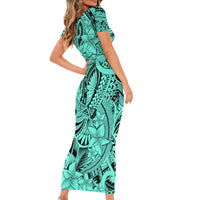Polynesia Short Sleeve Bodycon Dress Tribal Polynesian Spirit With Teal Pacific Flowers LT9 - Polynesian Pride