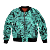 Polynesia Sleeve Zip Bomber Jacket Tribal Polynesian Spirit With Teal Pacific Flowers LT9 Unisex Teal - Polynesian Pride
