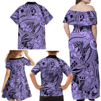 Polynesia Family Matching Off Shoulder Maxi Dress and Hawaiian Shirt Tribal Polynesian Spirit With Violet Pacific Flowers LT9 - Polynesian Pride