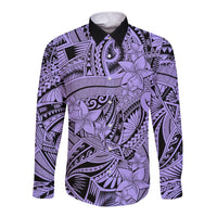 Polynesia Long Sleeve Button Shirt Tribal Polynesian Spirit With Violet Pacific Flowers LT9 Unisex Violet - Polynesian Pride