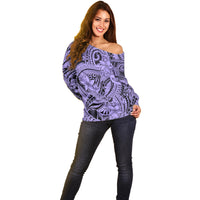 Polynesia Off Shoulder Sweater Tribal Polynesian Spirit With Violet Pacific Flowers LT9 - Polynesian Pride