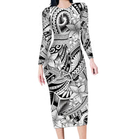 Polynesia Family Matching Long Sleeve Bodycon Dress and Hawaiian Shirt Tribal Polynesian Spirit With White Pacific Flowers LT9 Mom's Dress White - Polynesian Pride