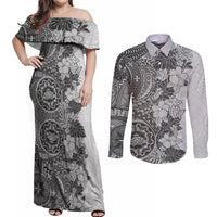 Polynesia Couples Matching Off Shoulder Maxi Dress and Long Sleeve Button Shirt Hibiscus and Hawaiian Tribal Tattoo Retro Style Gray Color LT9 Gray - Polynesian Pride
