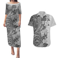 Polynesia Couples Matching Puletasi Dress and Hawaiian Shirt Hibiscus and Hawaiian Tribal Tattoo Retro Style Gray Color LT9 Gray - Polynesian Pride