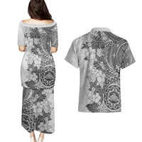 Polynesia Couples Matching Puletasi Dress and Hawaiian Shirt Hibiscus and Hawaiian Tribal Tattoo Retro Style Gray Color LT9 - Polynesian Pride