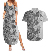 Polynesia Couples Matching Summer Maxi Dress and Hawaiian Shirt Hibiscus and Hawaiian Tribal Tattoo Retro Style Gray Color LT9 Gray - Polynesian Pride