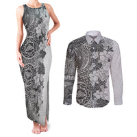 Polynesia Couples Matching Tank Maxi Dress and Long Sleeve Button Shirt Hibiscus and Hawaiian Tribal Tattoo Retro Style Gray Color LT9 Gray - Polynesian Pride