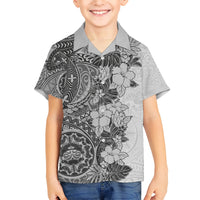 Polynesia Kid Hawaiian Shirt Hibiscus and Hawaiian Tribal Tattoo Retro Style Gray Color LT9 Kid Gray - Polynesian Pride