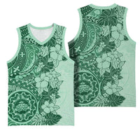 Polynesia Basketball Jersey Hibiscus Hawaiian Tribal Tattoo Retro Green - Polynesian Pride