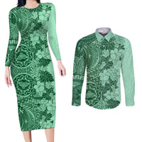 Polynesia Couples Matching Long Sleeve Bodycon Dress and Long Sleeve Button Shirt Hibiscus and Hawaiian Tribal Tattoo Retro Style Green Color LT9 Green - Polynesian Pride