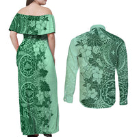Polynesia Couples Matching Off Shoulder Maxi Dress and Long Sleeve Button Shirt Hibiscus and Hawaiian Tribal Tattoo Retro Style Green Color LT9 - Polynesian Pride